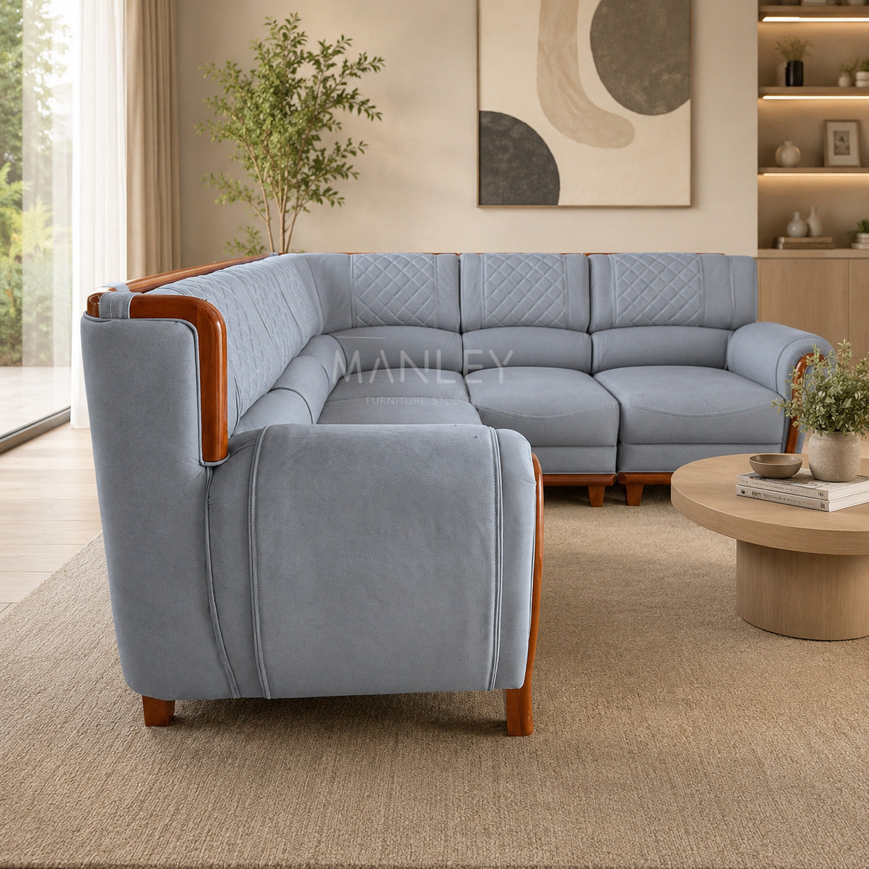 SERENITY CORNER SOFA SET | MAHOGANY WOOD & SUEDE FABRIC UPHOLSTERY | GREY