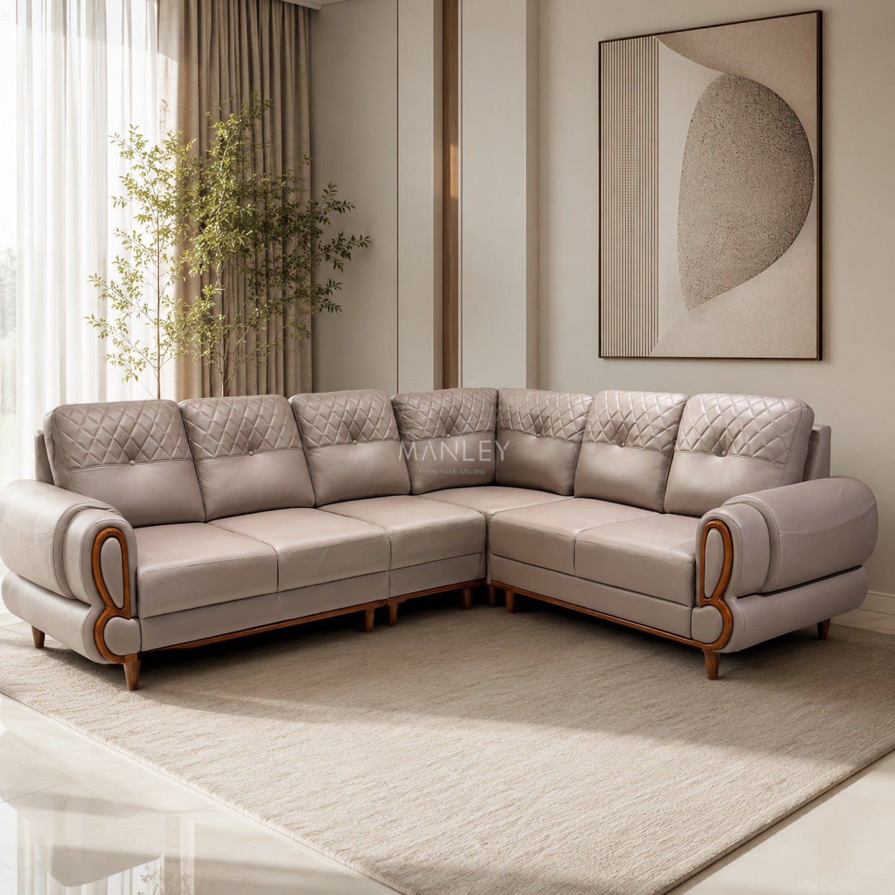 JASPER CORNER SOFA SET | MAHOGANY WOOD & FABRIC UPHOLSTERY | BEIGE