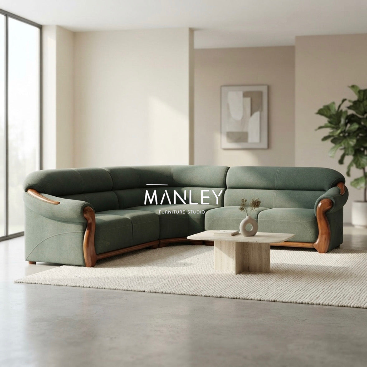 LAIKE CORNER SOFA SET | MAHOGANY WOOD & FABRIC UPHOLSTERY | GREEN