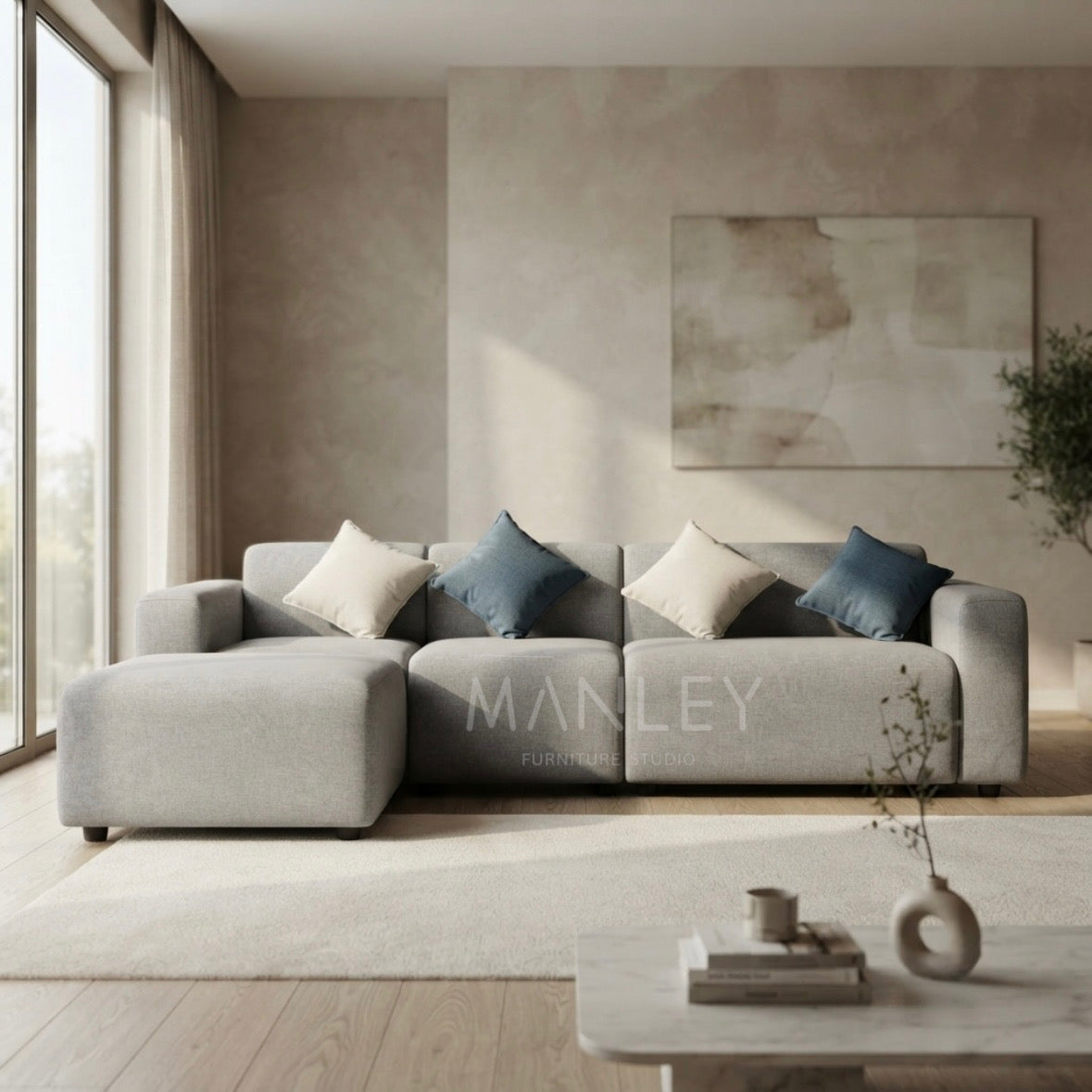 QUILON CORNER SOFA SET | SUEDE FABRIC UPHOLSTERY | OFF WHITE