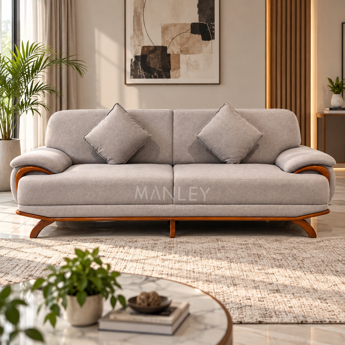 WINDSOR 3+2 SOFA SET | TREATED MAHOGANY WOOD & SUEDE FABRIC