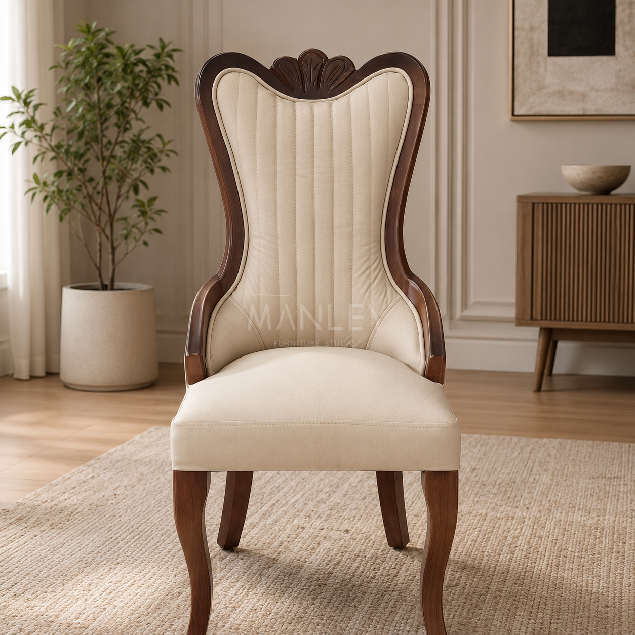 WINDSOR CHAIR | MAHOGANY WOOD & SUEDE FABRIC | ASH GREY COLOUR