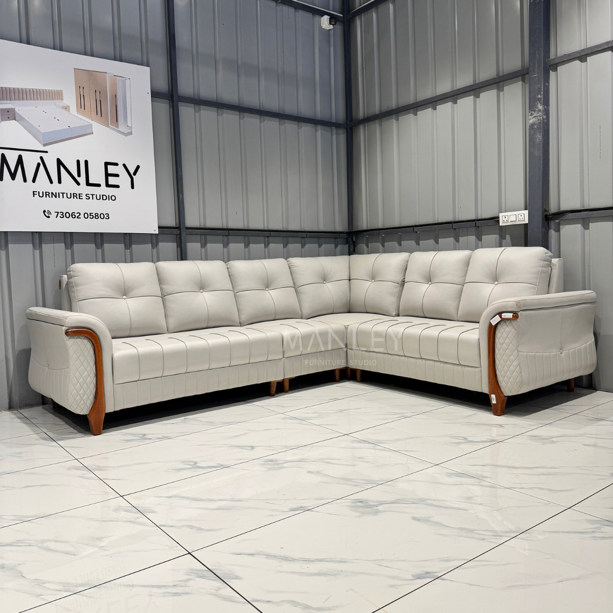 OXFORD CORNER SOFA SET | TREATED MAHOGANY WOOD & SUEDE FABRIC