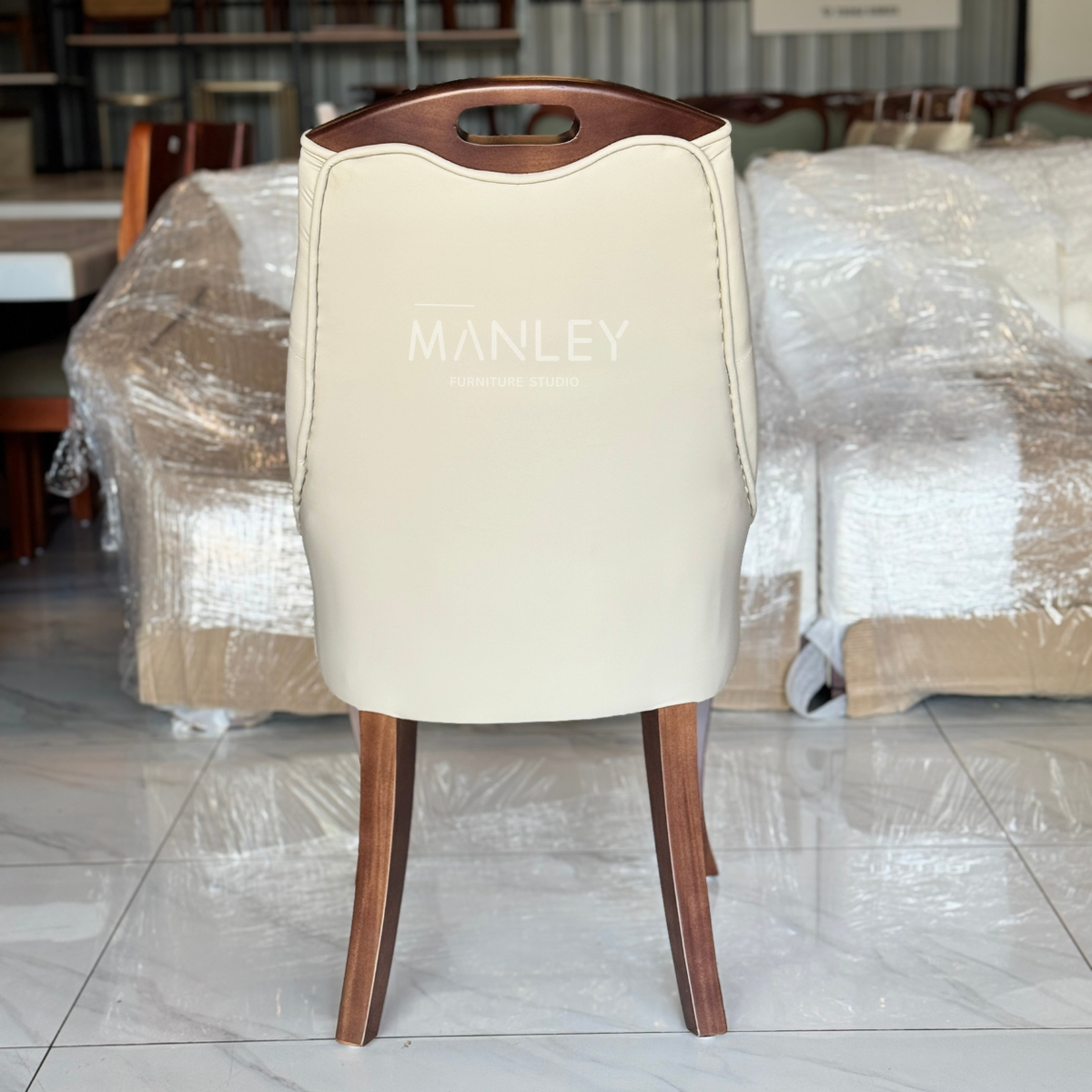 BARREL CHAIR | TREATED MAHOGANY WOOD & SUEDE FABRIC | BEIGE COLOUR