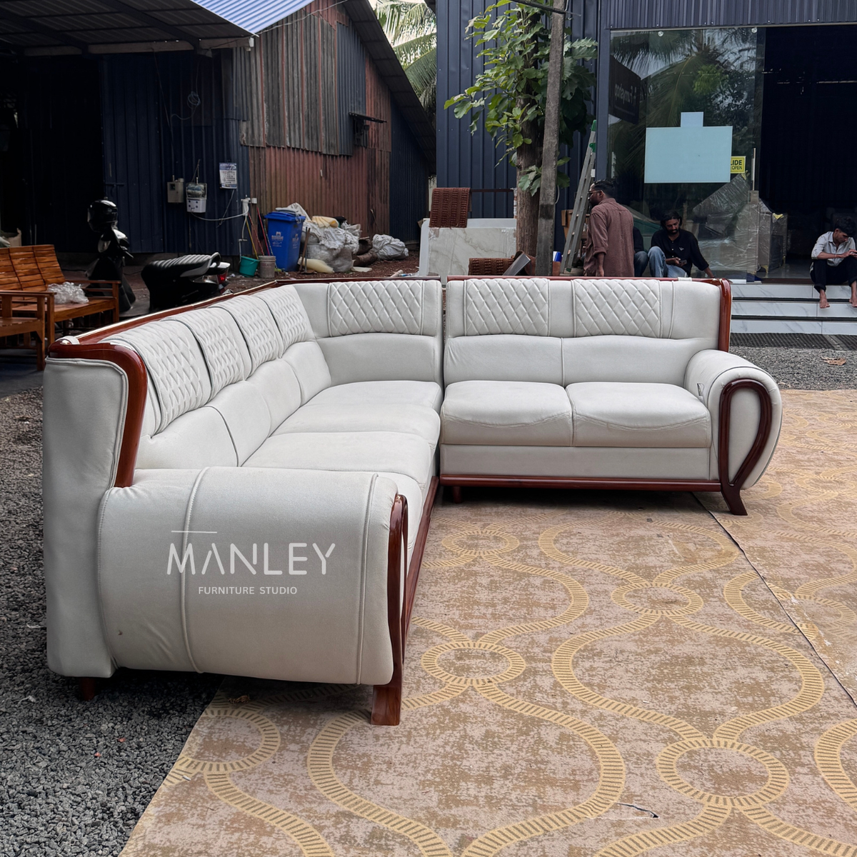 HILON CORNER SOFA SET | TREATED MAHOGANY WOOD & SUEDE FABRIC