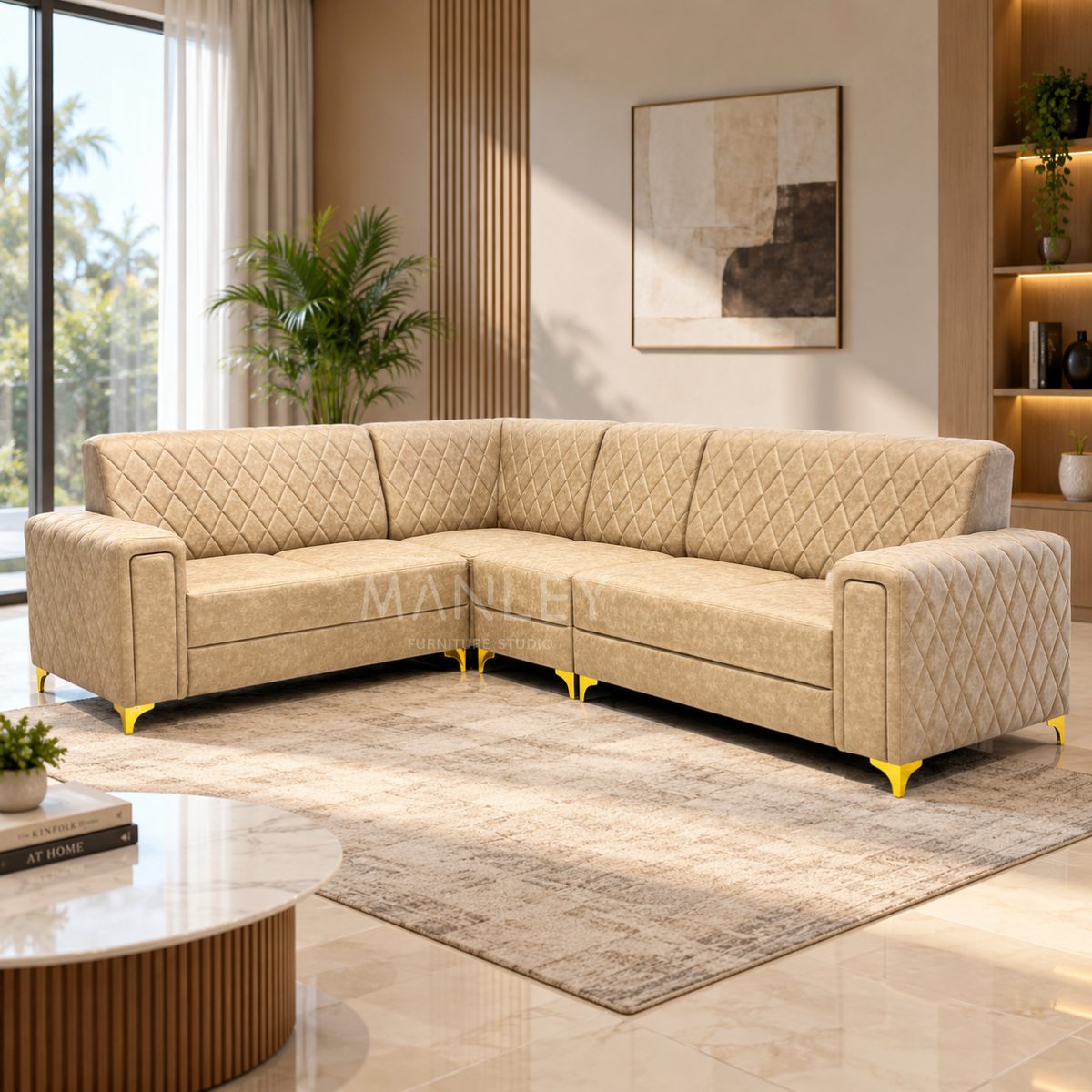 KINARA CORNER SOFA | SUEDE & REXINE MIX FABRIC