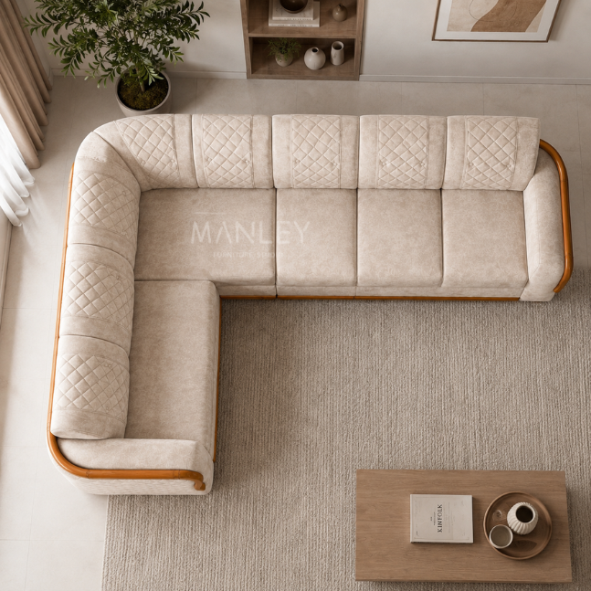 LOREN CORNER SOFA SET | MAHOGANY WOOD & SUEDE FABRIC UPHOLSTERY