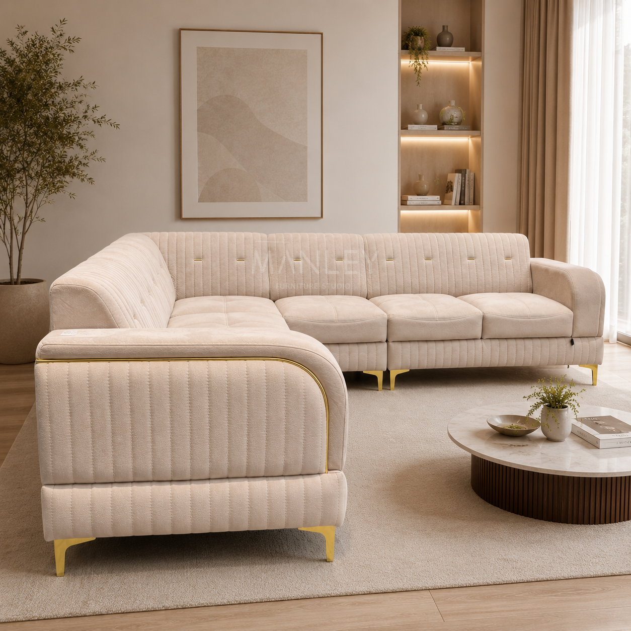COZY CORNER SOFA SET | SUEDE FABRIC & METAL LEGS | BEIGE COLOUR