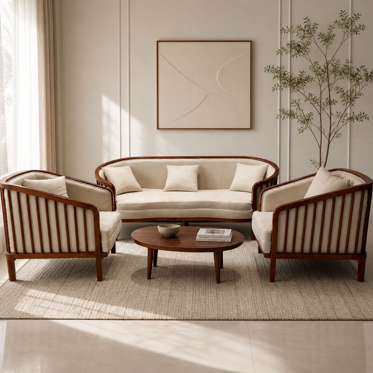 Livora Sofa Set | Solid Wood & Fabric | Cream