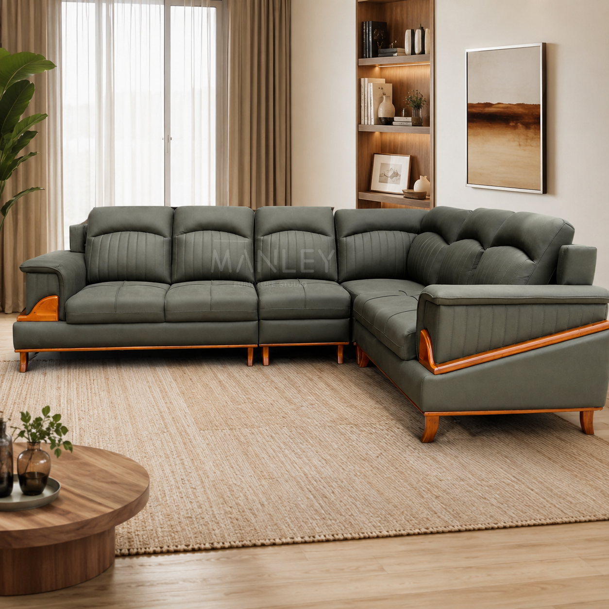 ASPEN CORNER SOFA SET | MAHOGANY WOOD & SUEDE FABRIC UPHOLSTERY | GREEN