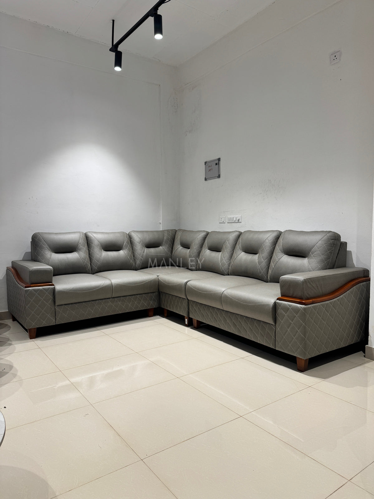 CREST CORNER SOFA SET | MAHOGANY WOOD & SUEDE FABRIC UPHOLSTERY