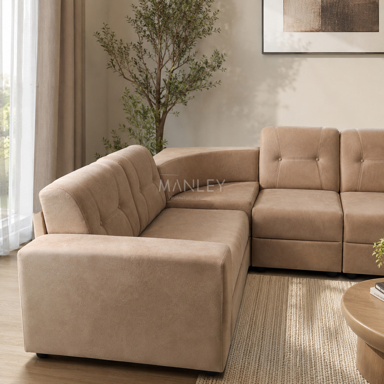 VERONA CORNER SOFA SET | ACACIA WOOD & SUEDE FABRIC UPHOLSTERY
