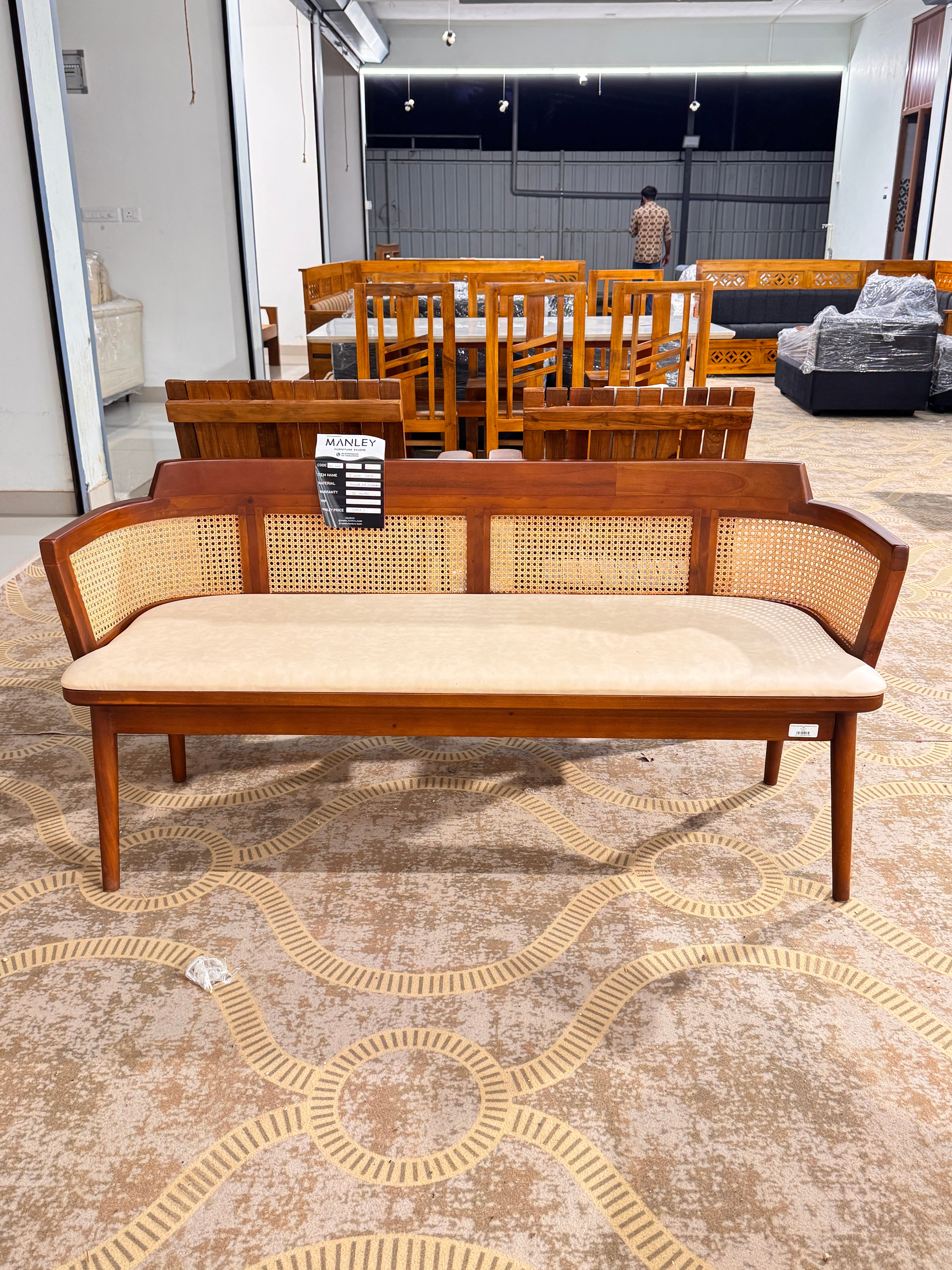 CANE SOFASET 3+1+1  – Treated Mahogany, CREAM COLOUR  Cane & Fabric | SUEDE MATERIAL