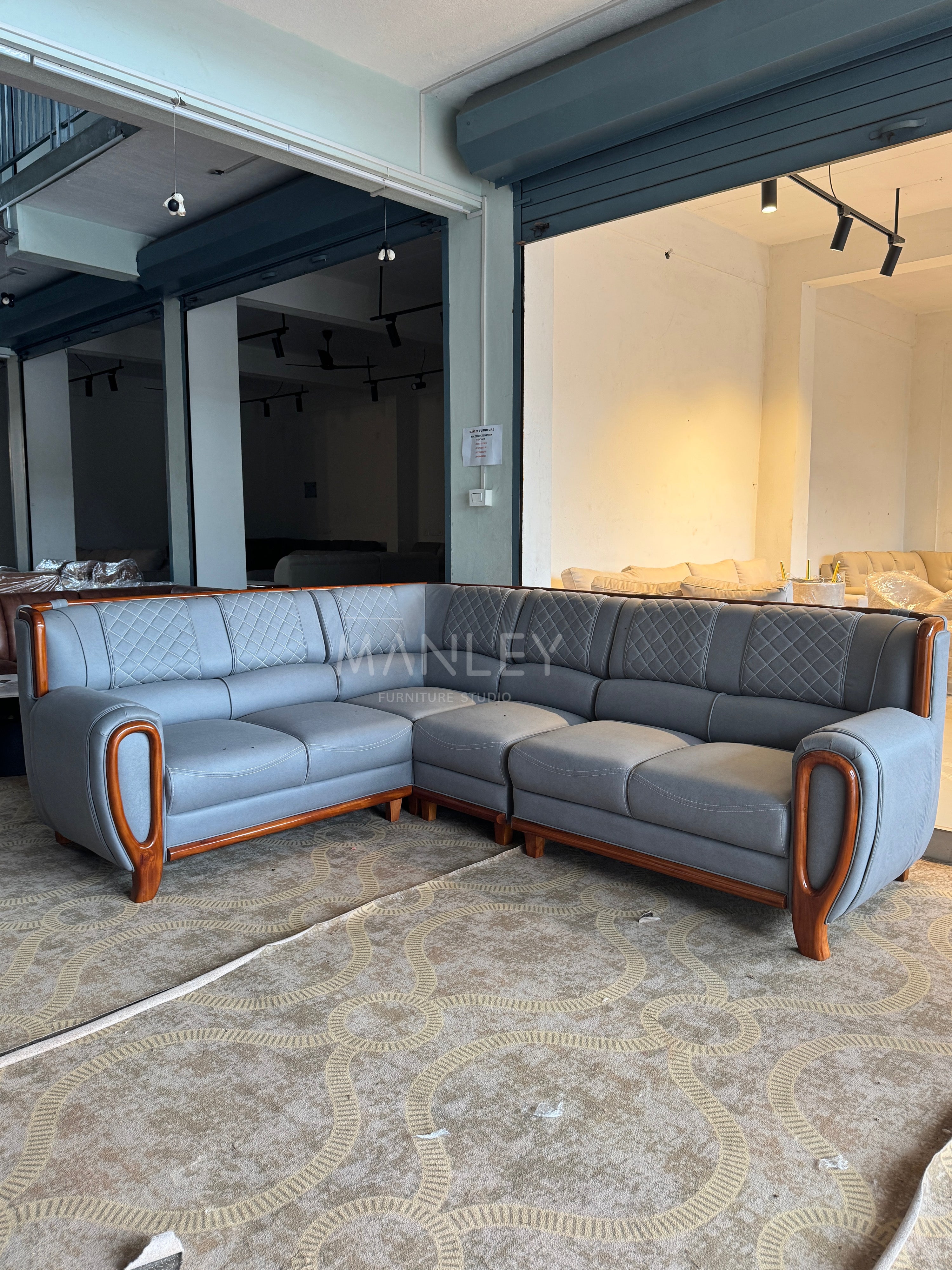 SERENITY CORNER SOFA SET | MAHOGANY WOOD & SUEDE FABRIC UPHOLSTERY | GREY