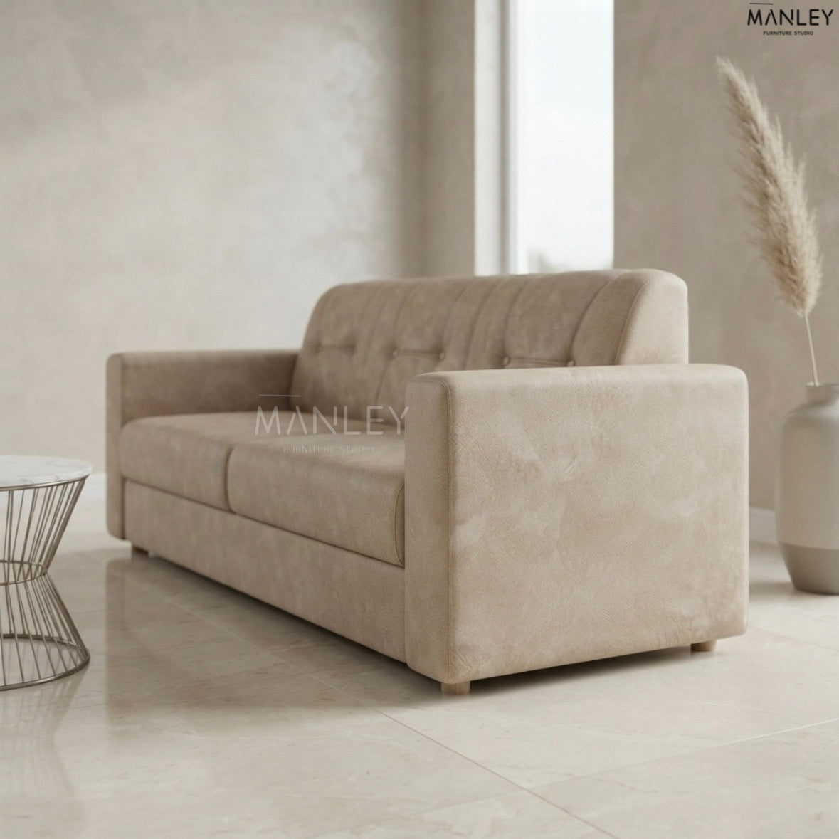 BLISS SINGLE SOFA | ACACIA WOOD & SUEDE FABRIC UPHOLSTERY | BEIGE