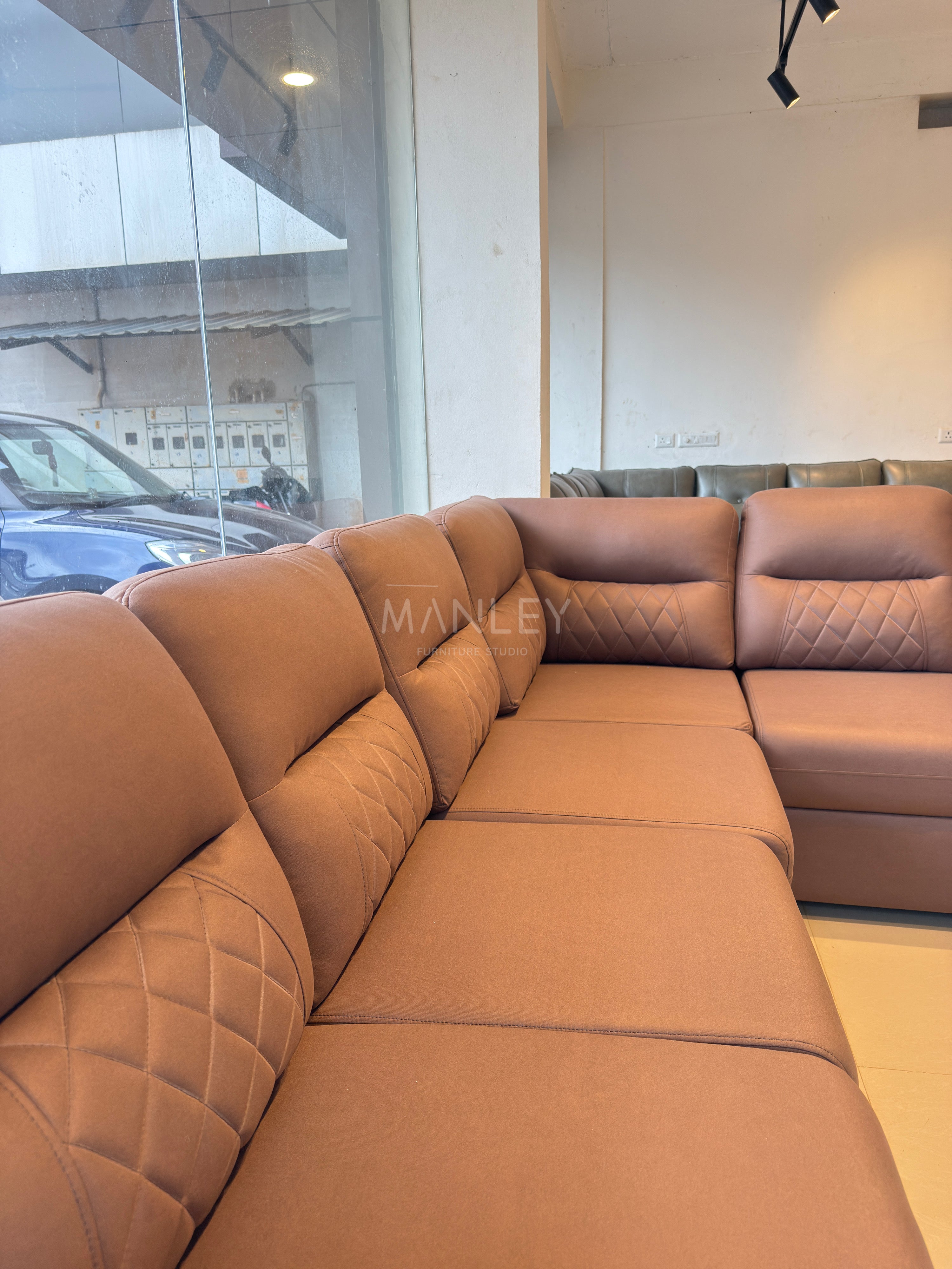 JASPER CORNER SOFA SET | MAHOGANY WOOD & FABRIC UPHOLSTERY | GREY