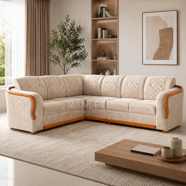 LOREN CORNER SOFA SET | MAHOGANY WOOD & SUEDE FABRIC UPHOLSTERY