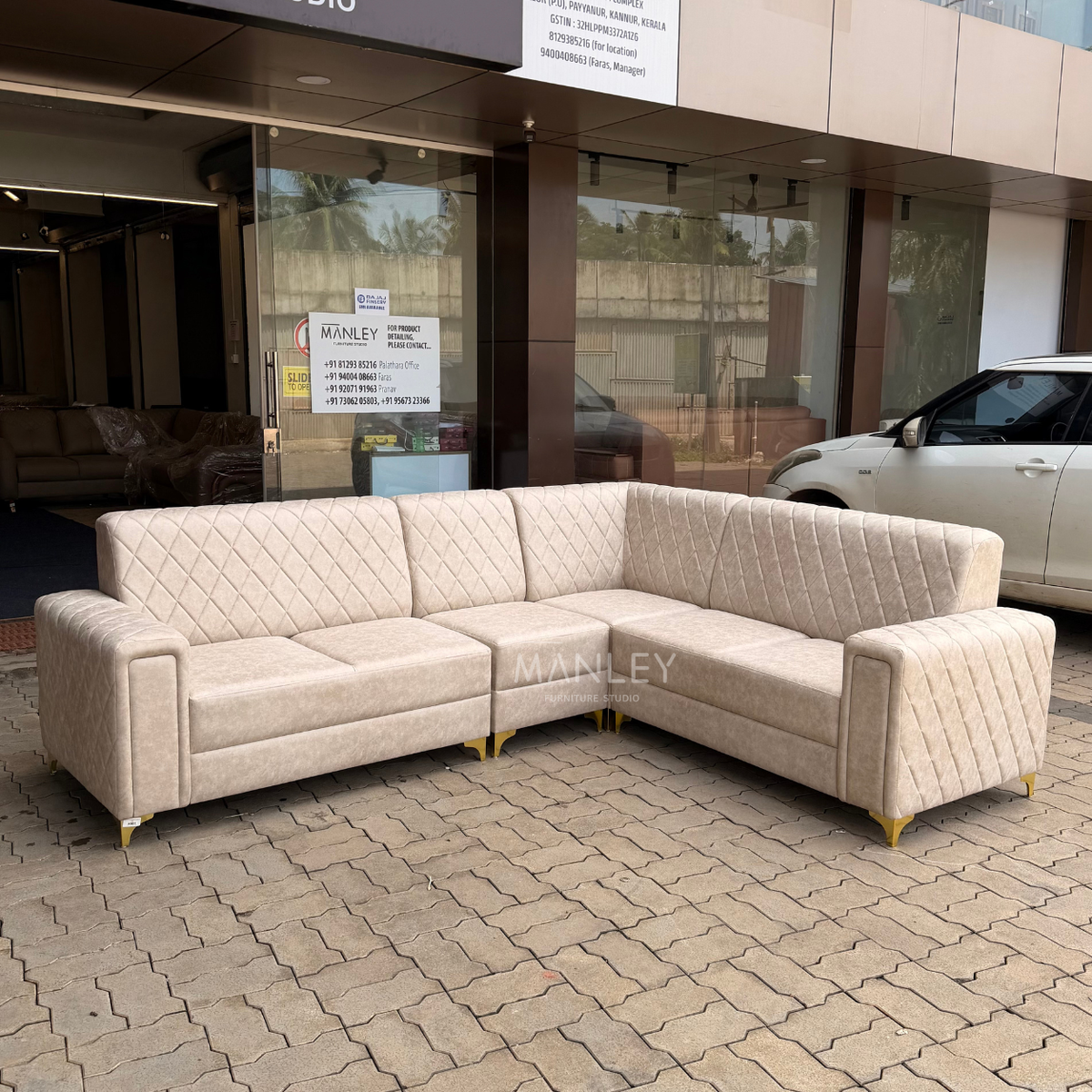 CROWN CORNER SOFA SET | SUEDE FABRIC & METAL LEGS | BEIGE COLOUR