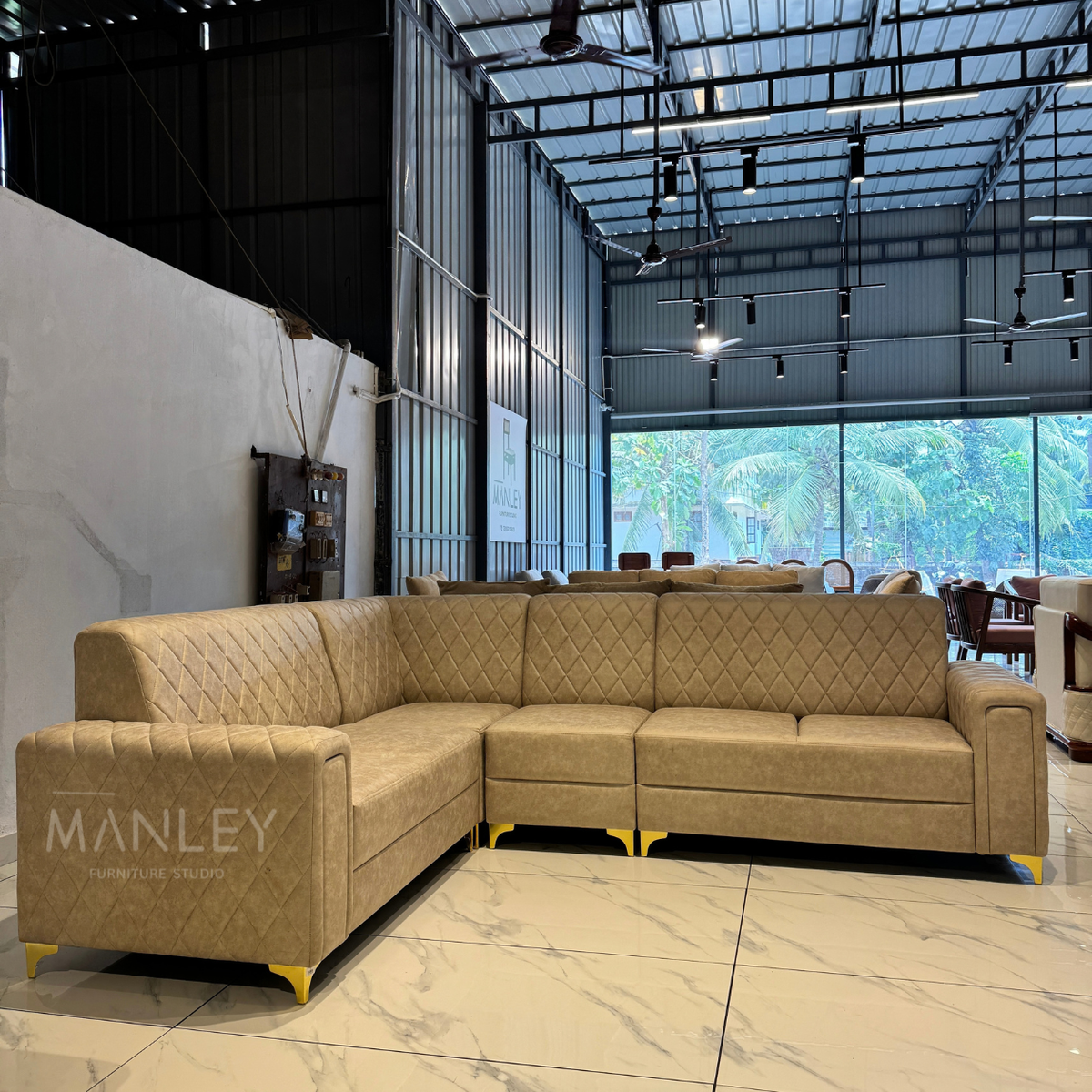 KINARA CORNER SOFA | SUEDE & REXINE MIX FABRIC