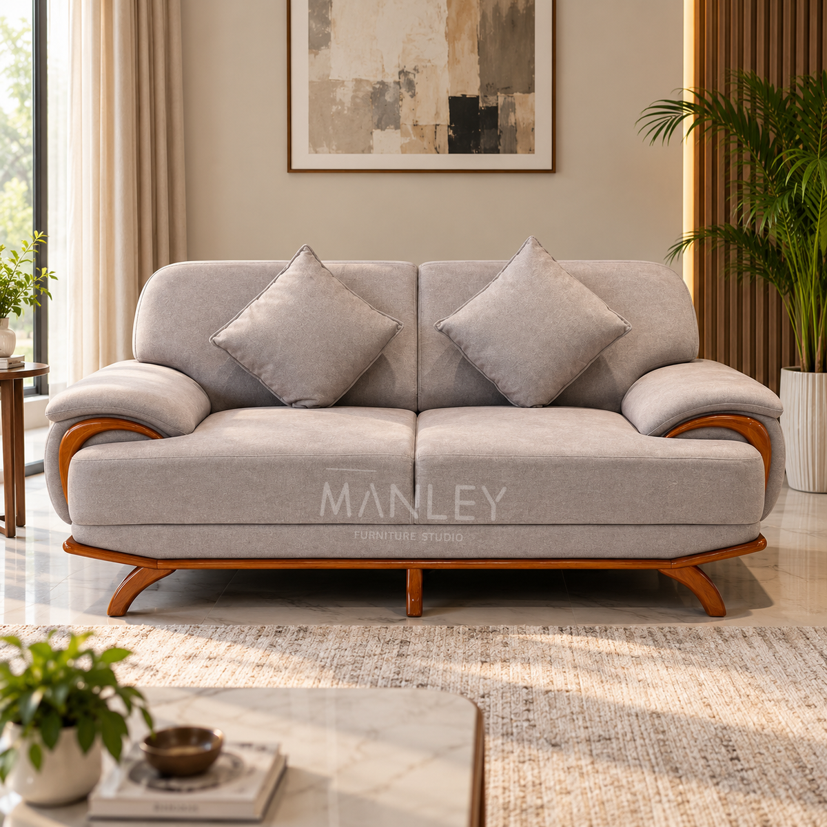 WINDSOR 3+2 SOFA SET | TREATED MAHOGANY WOOD & SUEDE FABRIC