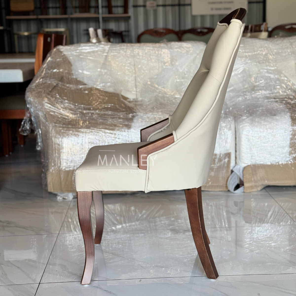 BARREL CHAIR | TREATED MAHOGANY WOOD & SUEDE FABRIC | BEIGE COLOUR
