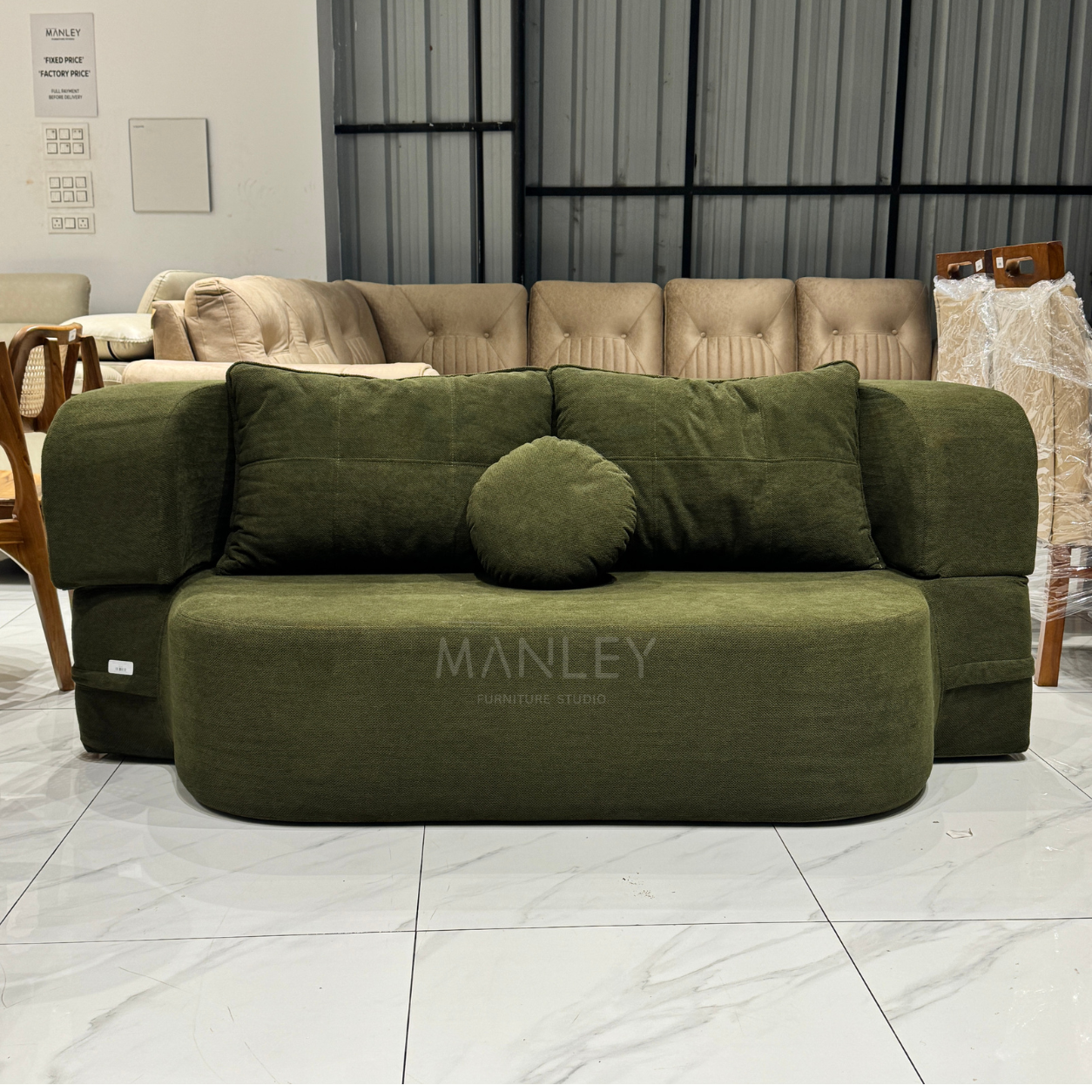 PLUSH SOFA CUM BED | JUTE FABRIC | GREEN COLOUR