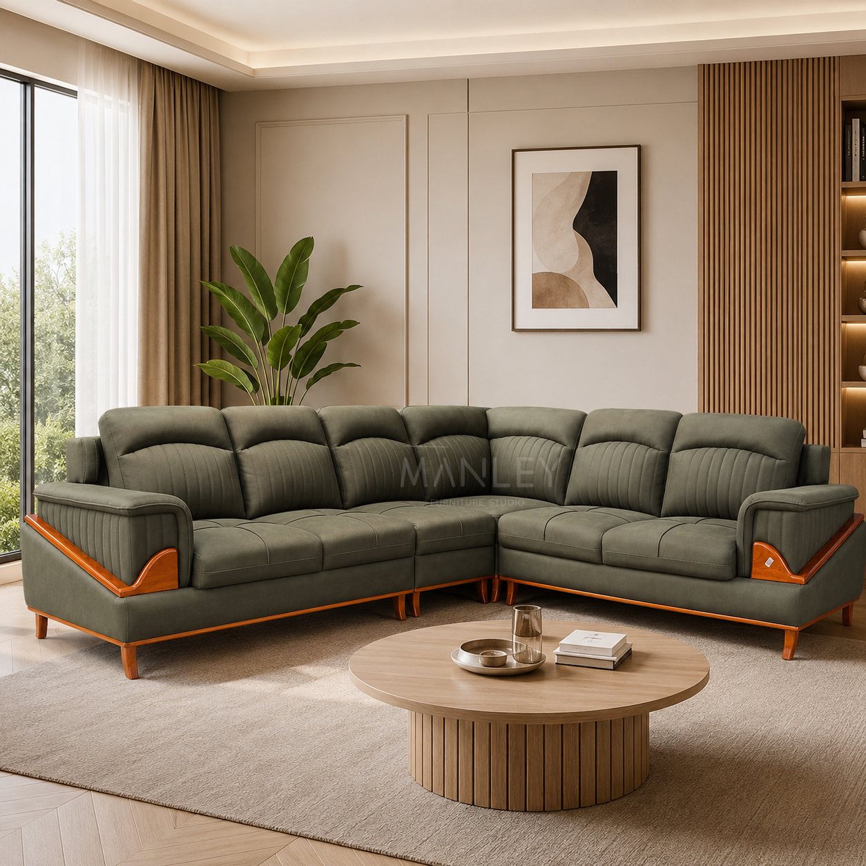 ASPEN CORNER SOFA SET | MAHOGANY WOOD & SUEDE FABRIC UPHOLSTERY | GREEN