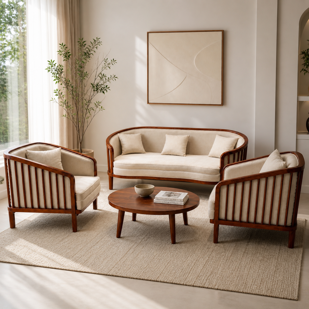 LIVORA 3+1+1 SOFASET  | TREATED MAHAGONY WOOD  & Fabric | CREAM COLOUR