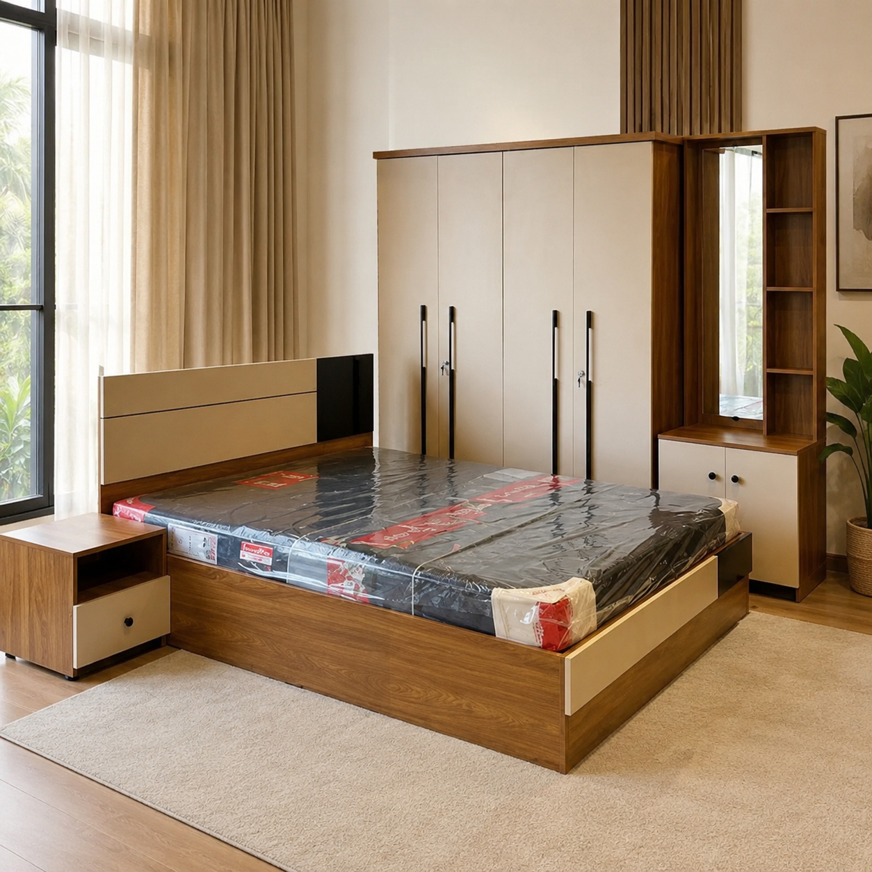 WALT 4 DOOR QUEEN SIZE BEDROOMSET -COLOUR BEIGE AND BLACK WITH WOOD COLOUR-PARTICLE BOARD