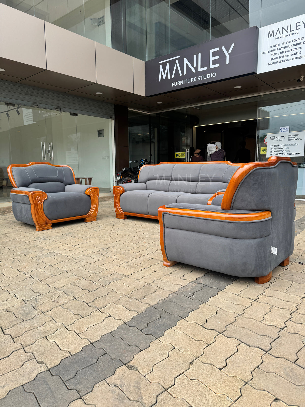 CHAISE 3+1+1 SOFA SET-TREATED MAHAGONY SUED FABRIC-GREY COLOUR