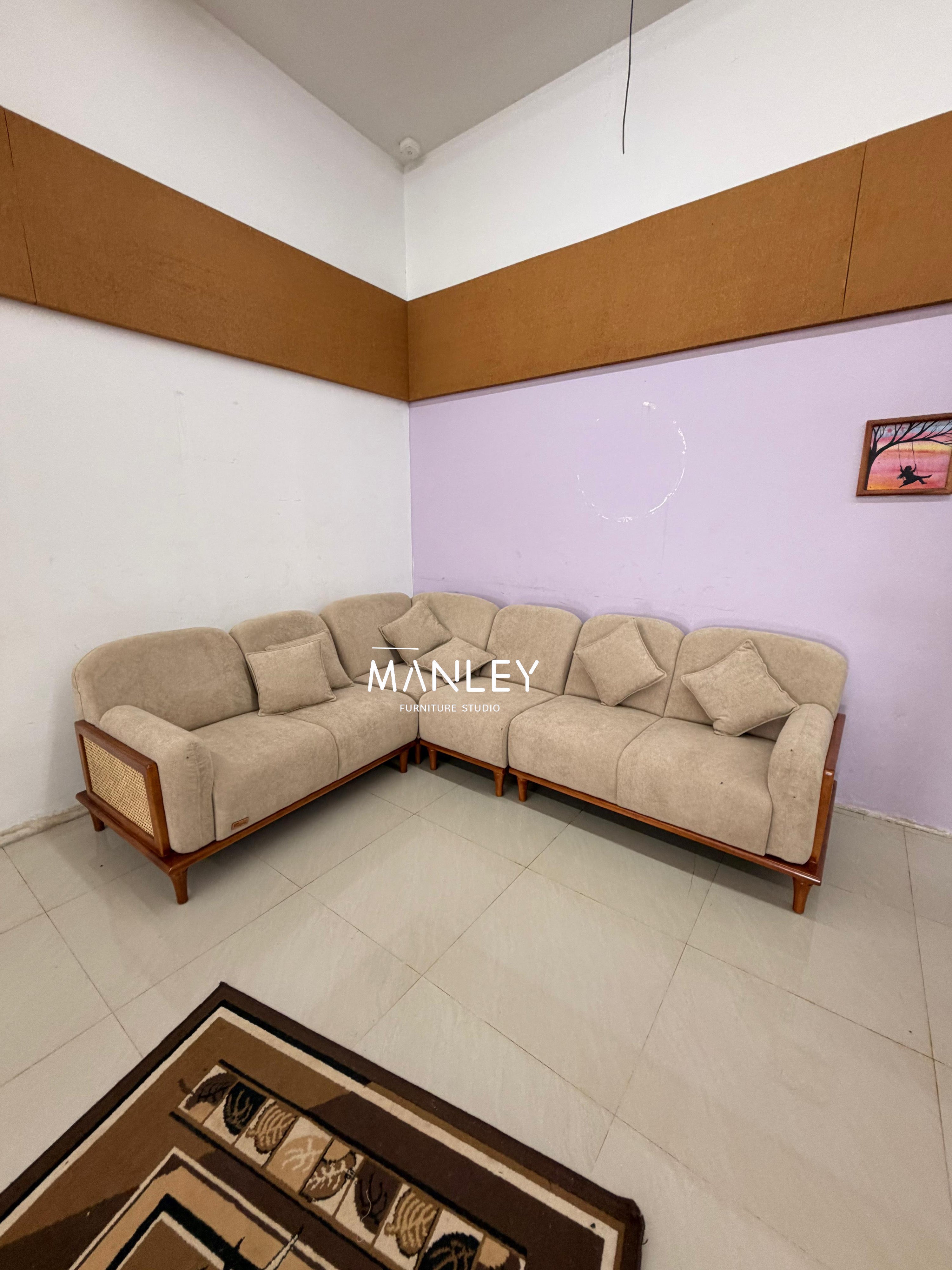 CANE SOFT CORNER SOFA SET | MAHOGANY WOOD & NATURAL CANE | CREAM
