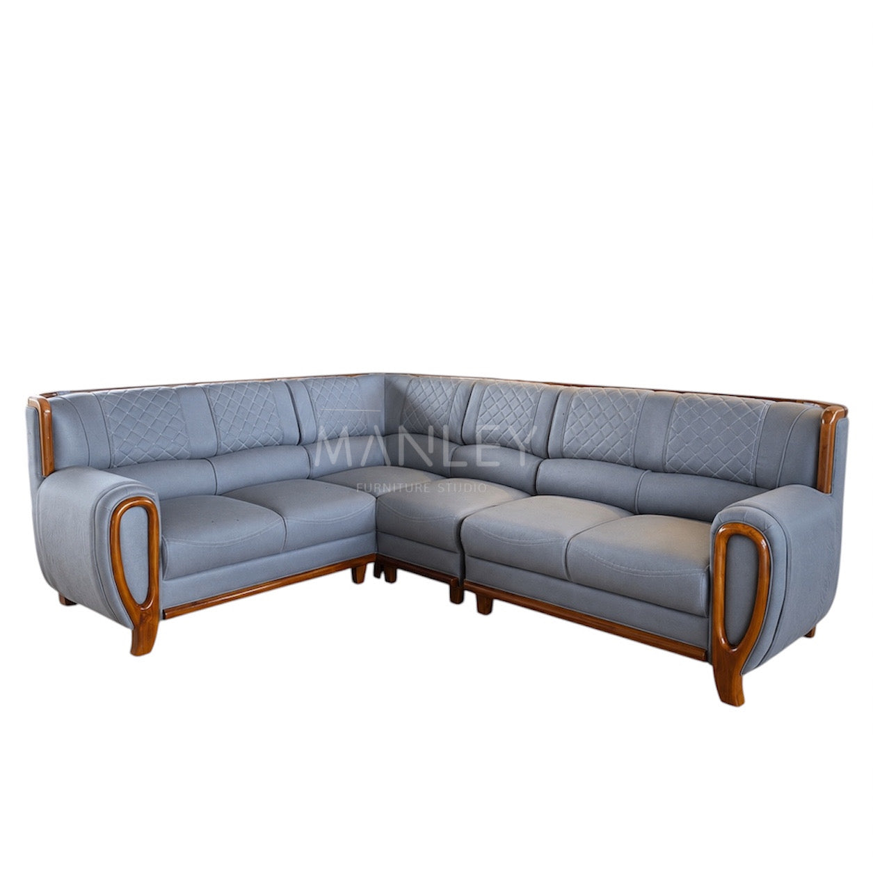 SERENITY CORNER SOFA SET | MAHOGANY WOOD & SUEDE FABRIC UPHOLSTERY | GREY