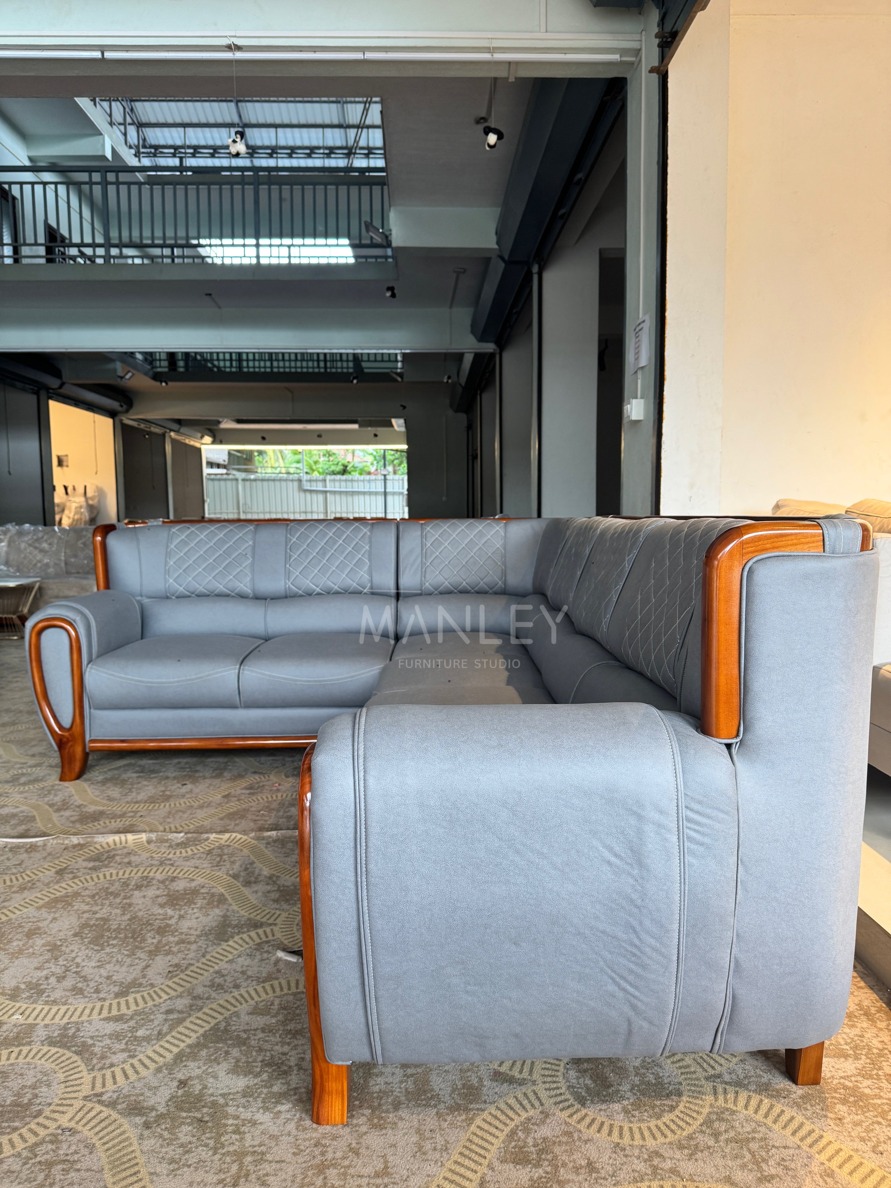 SERENITY CORNER SOFA SET | MAHOGANY WOOD & SUEDE FABRIC UPHOLSTERY | GREY
