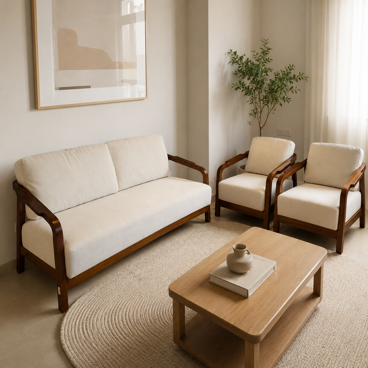 Riyon Solid Wood Sofa Set – Off White | Premium Living Room Furniture