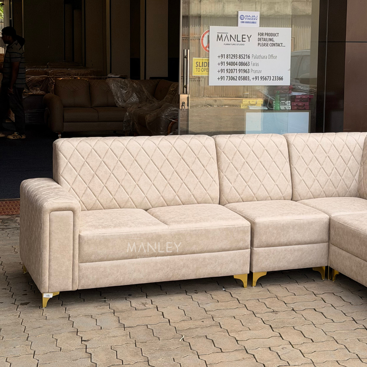 CROWN CORNER SOFA SET | SUEDE FABRIC & METAL LEGS | BEIGE COLOUR