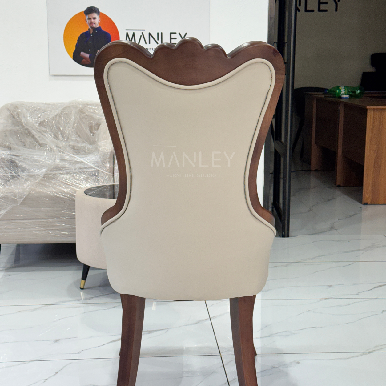 WINDSOR CHAIR | MAHOGANY WOOD & SUEDE FABRIC | ASH GREY COLOUR