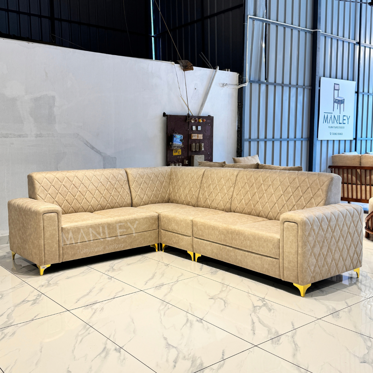 KINARA CORNER SOFA | SUEDE & REXINE MIX FABRIC