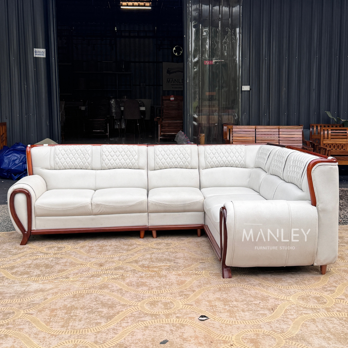 HILON CORNER SOFA SET | TREATED MAHOGANY WOOD & SUEDE FABRIC