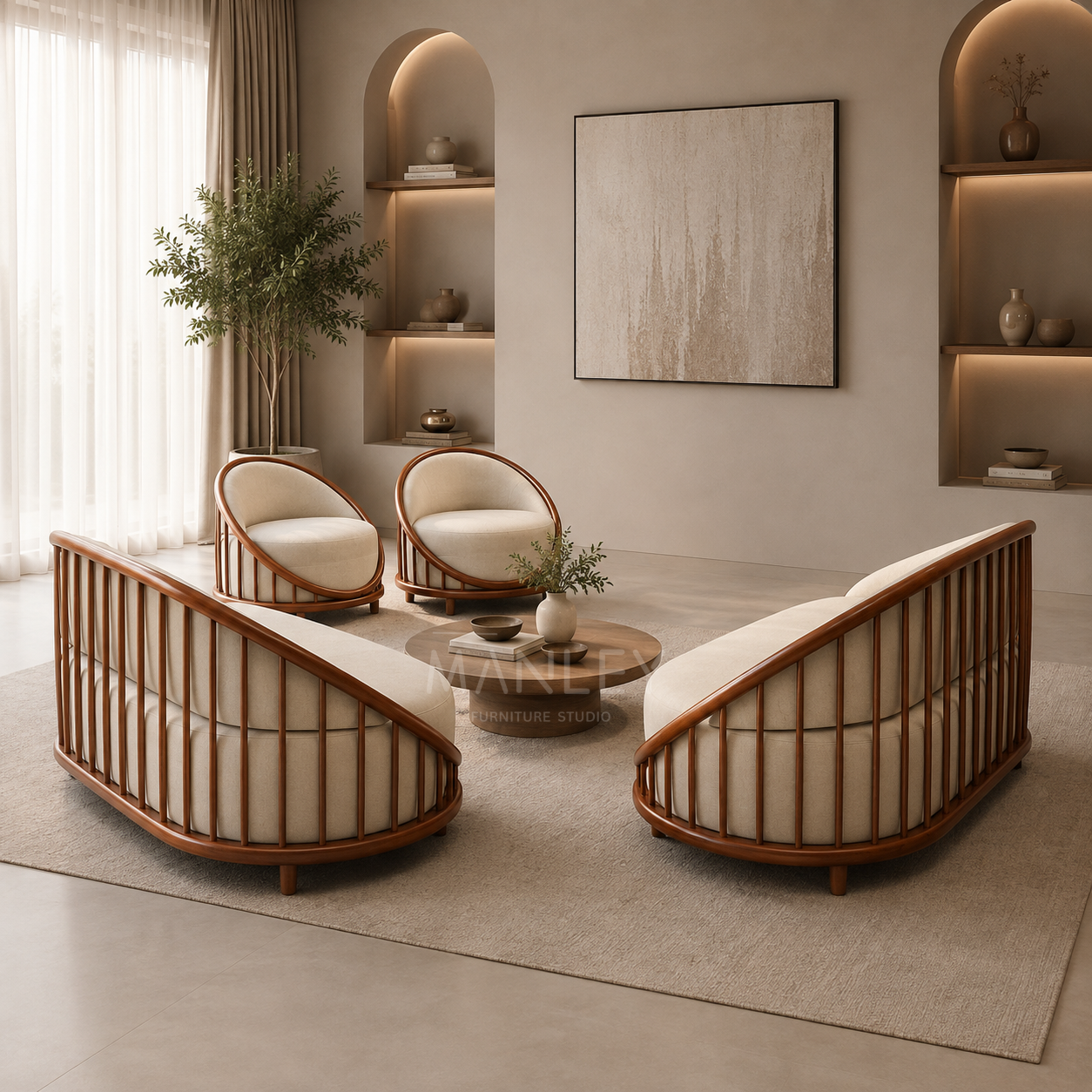 POSHEN 3+2+1+1 SOFA SET | MAHOGANY WOOD & SUEDE FABRIC UPHOLSTERY