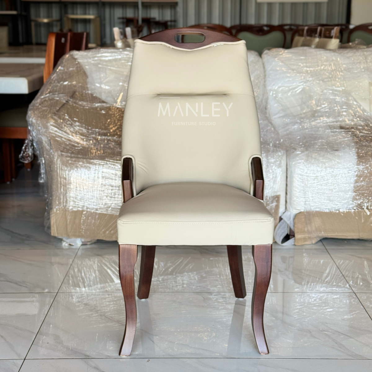 BARREL CHAIR | TREATED MAHOGANY WOOD & SUEDE FABRIC | BEIGE COLOUR