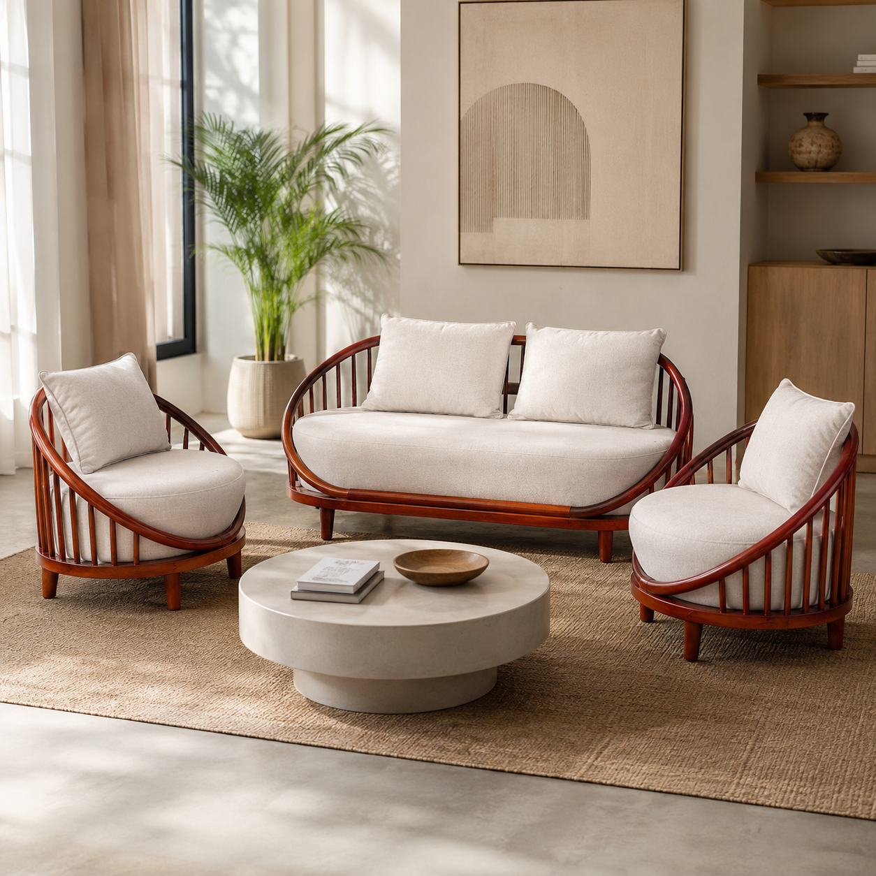 POSH 2+1+1 SOFA SET | SUEDE FABRIC & MAHOGANY FRAME | GREY