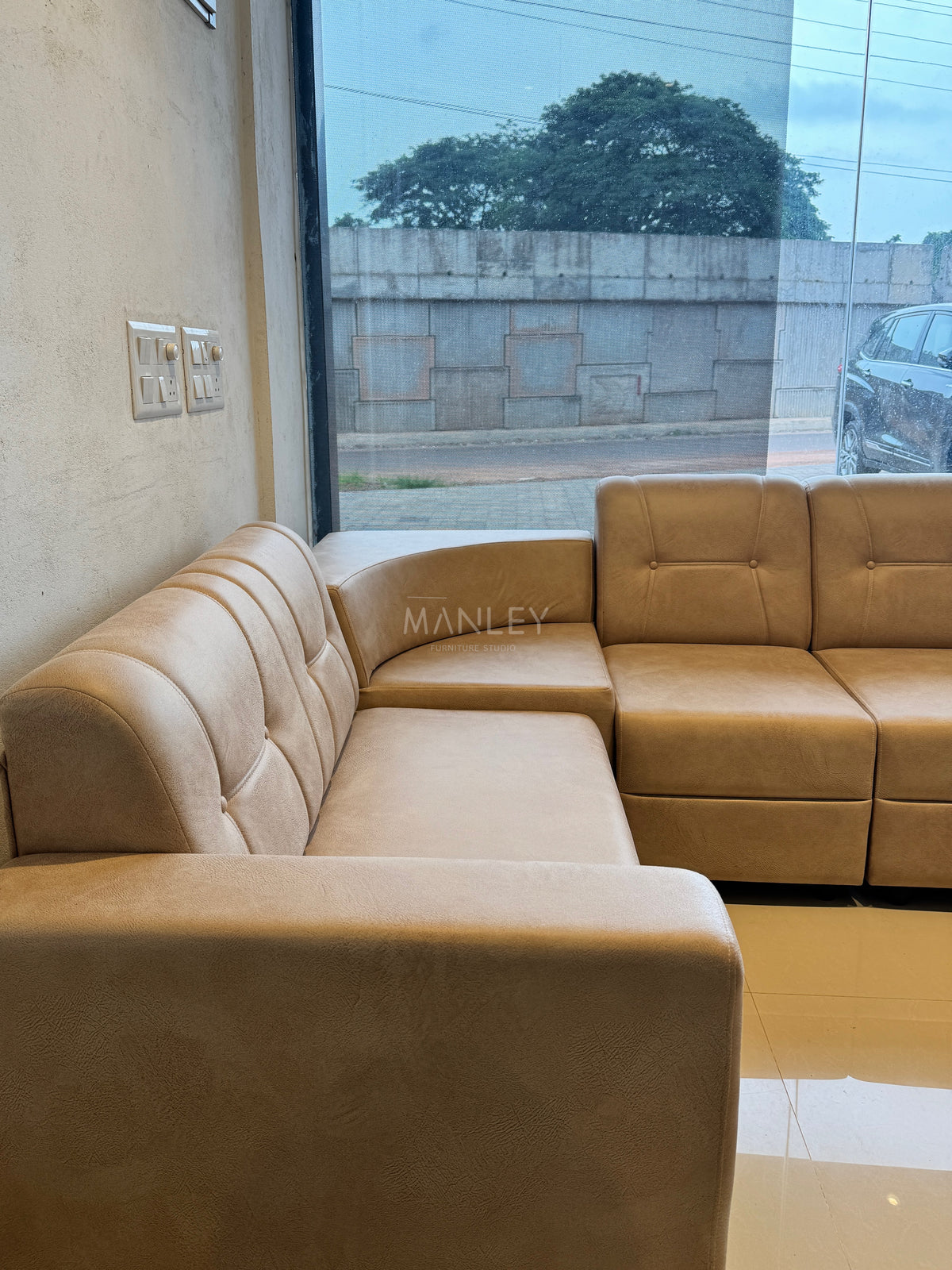 VERONA CORNER SOFA SET | ACACIA WOOD & SUEDE FABRIC UPHOLSTERY
