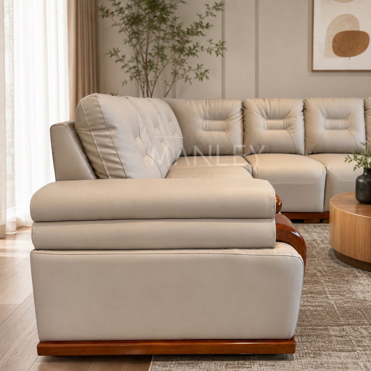 MONACO CORNER SOFA SET | MAHOGANY WOOD & SUEDE FABRIC UPHOLSTERY