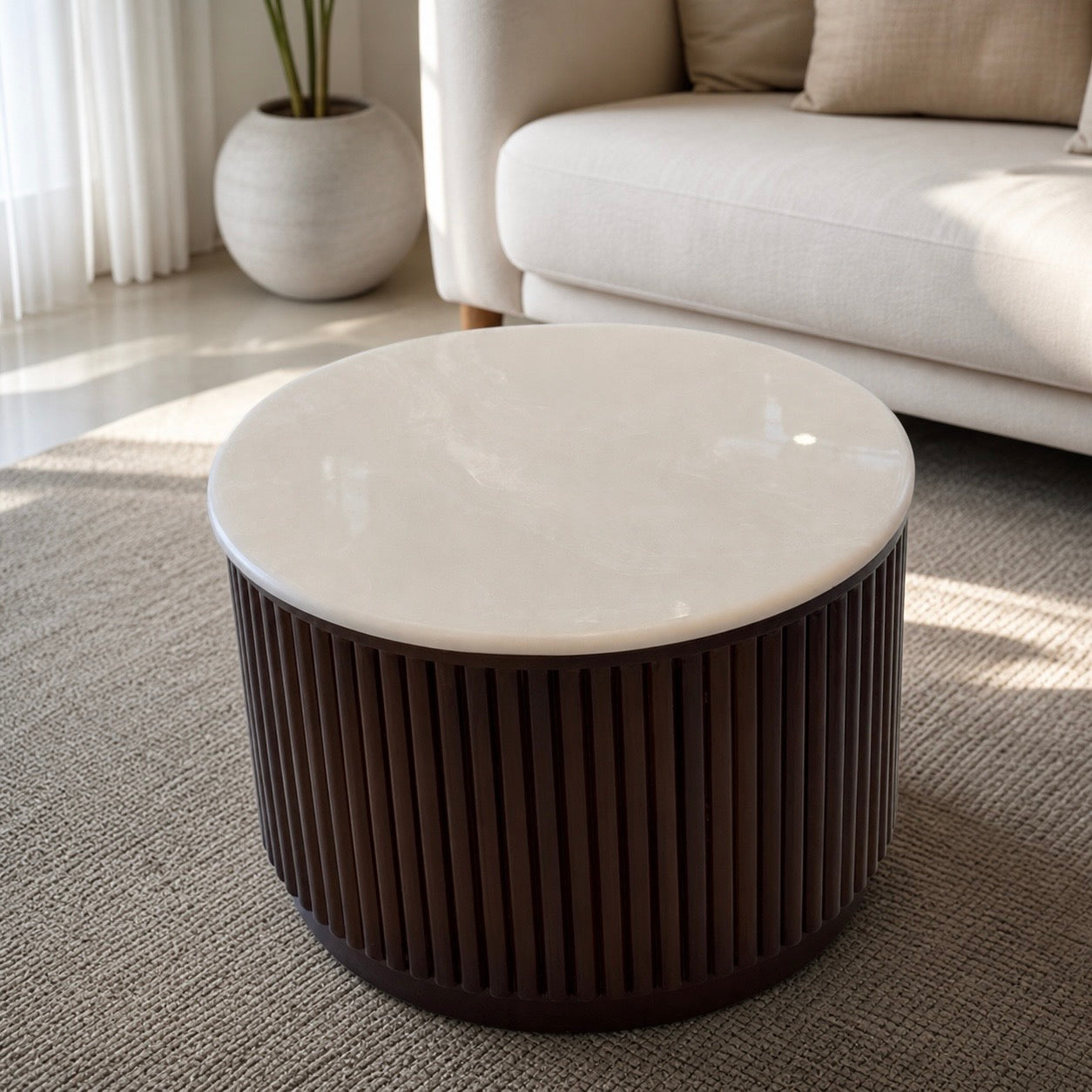 ROUNDPOT COFFEE TABLE | ACACIA WOOD & CERAMIC TOP