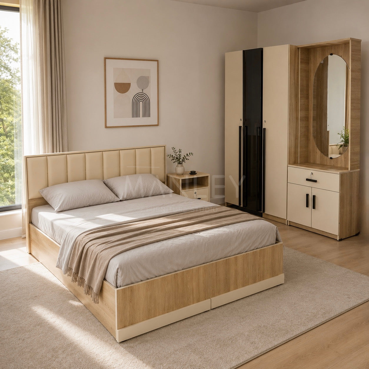 OPAL 3-DOOR GLASS BEDROOM SET | PARTICLE BOARD & GLASS DOORS | CREAM COLOUR