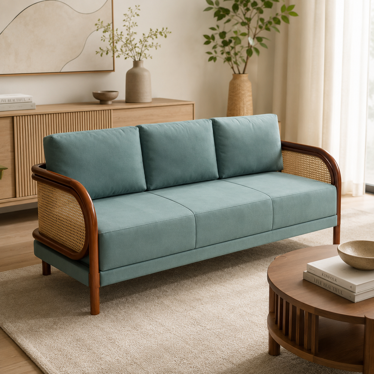 CANELIAN 3+1+1 SOFASET GREEN COLOUR | TREATED MAHAGONY WITH NATURAL CANE