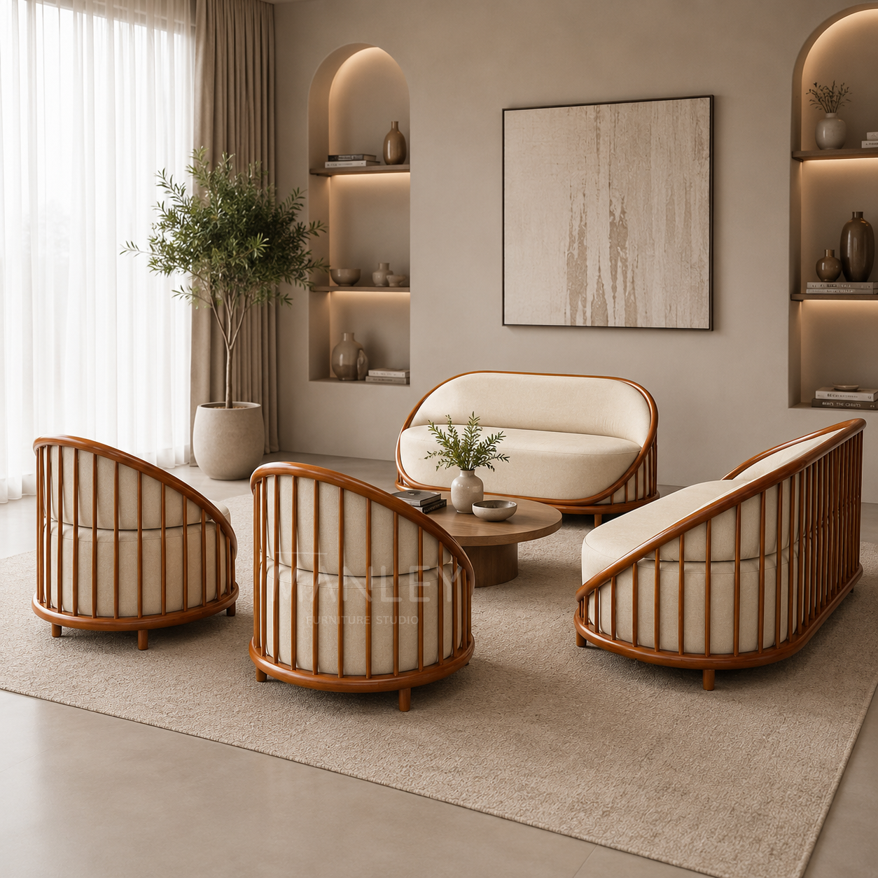 POSHEN 3+2+1+1 SOFA SET | MAHOGANY WOOD & SUEDE FABRIC UPHOLSTERY