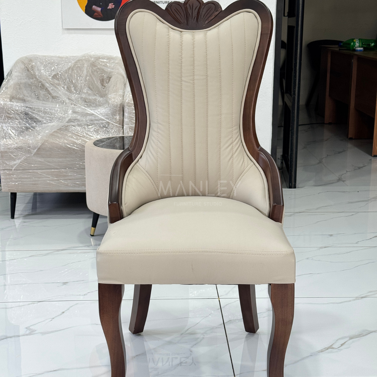 WINDSOR CHAIR | MAHOGANY WOOD & SUEDE FABRIC | ASH GREY COLOUR