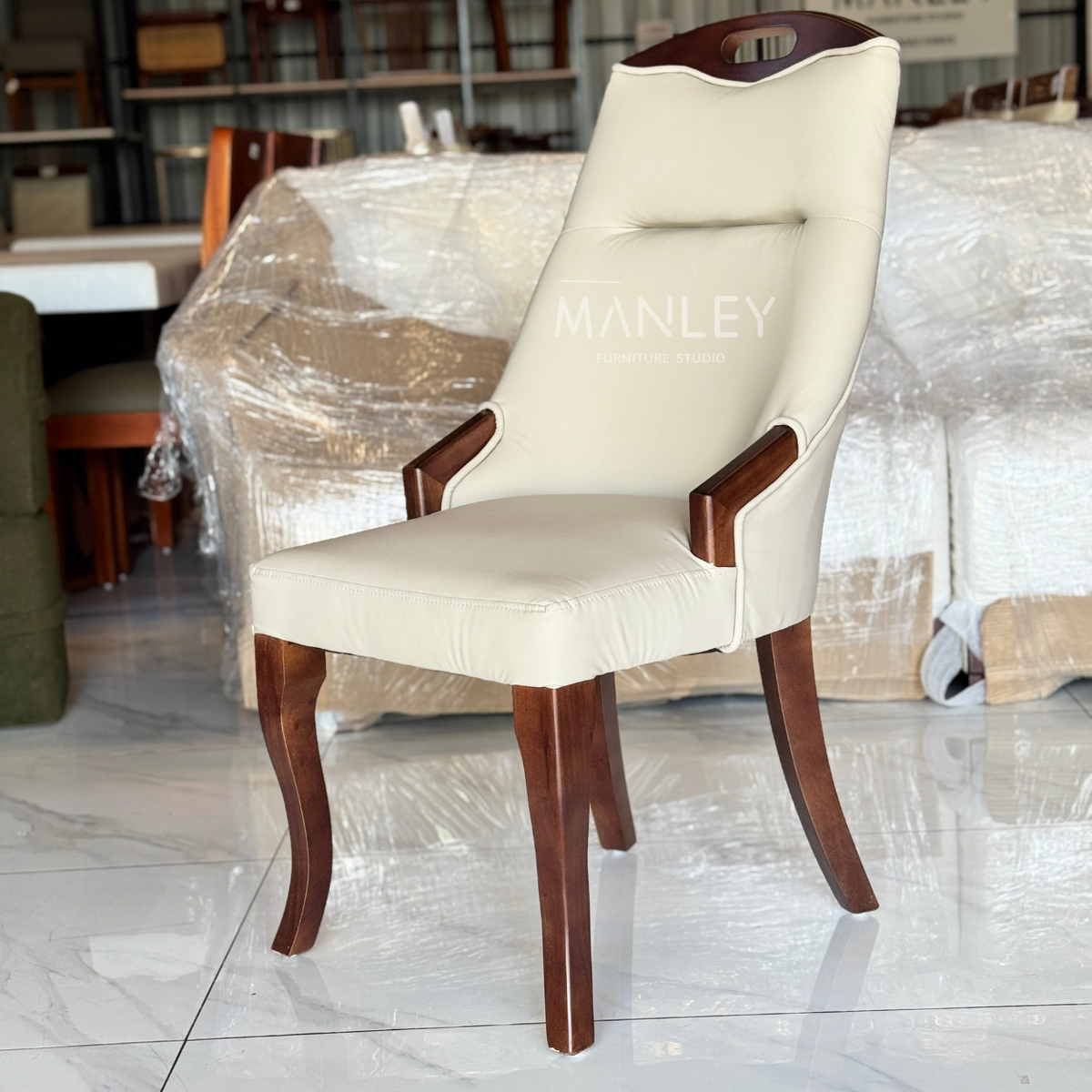 BARREL CHAIR | TREATED MAHOGANY WOOD & SUEDE FABRIC | BEIGE COLOUR