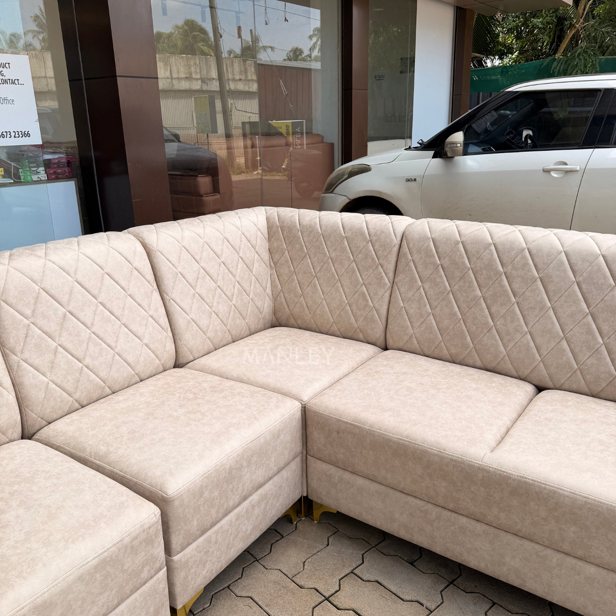 CROWN CORNER SOFA SET | SUEDE FABRIC & METAL LEGS | BEIGE COLOUR